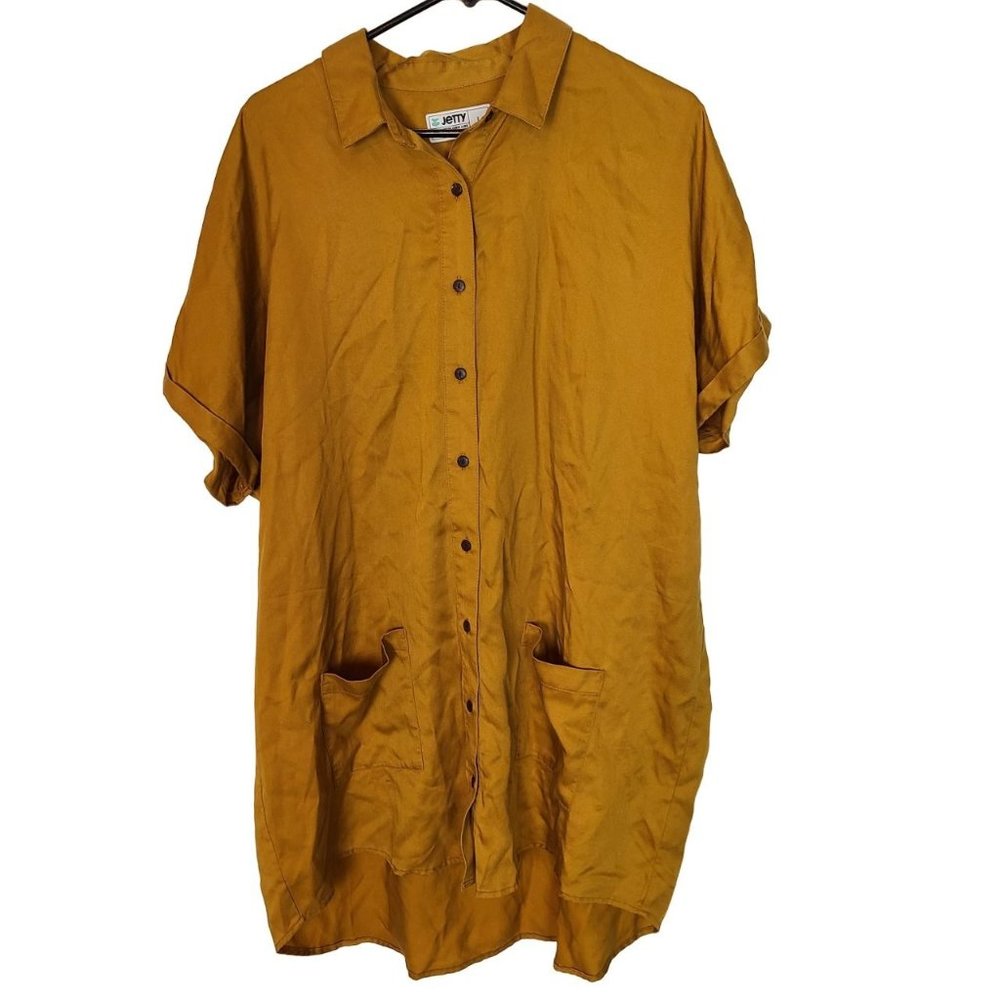 Jetty Womens L Mustard Yellow Short Sleeves Button Up Tunic Shirt Dress Pockets